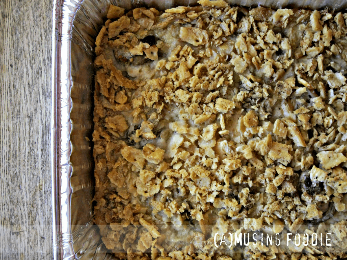 Delicious crispy oyster casserole in foil, featuring a golden topping and creamy filling.