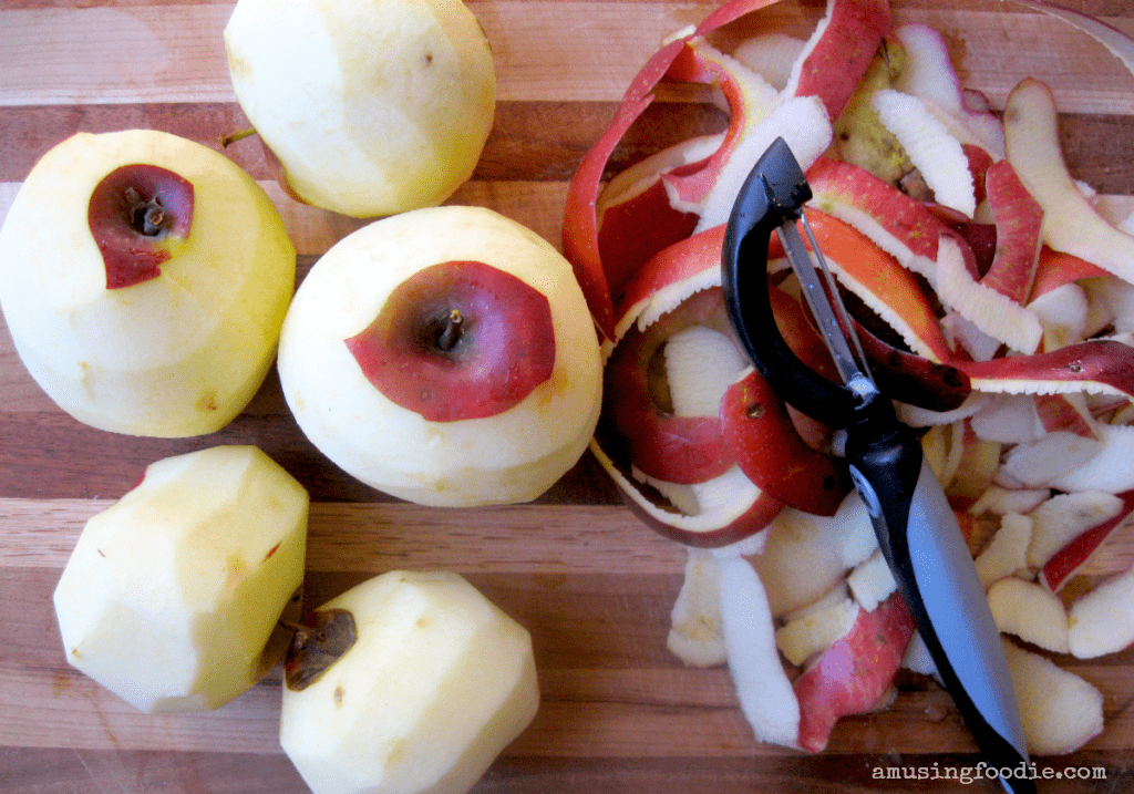 Freshly peeled apples ready for making delicious homemade applesauce.