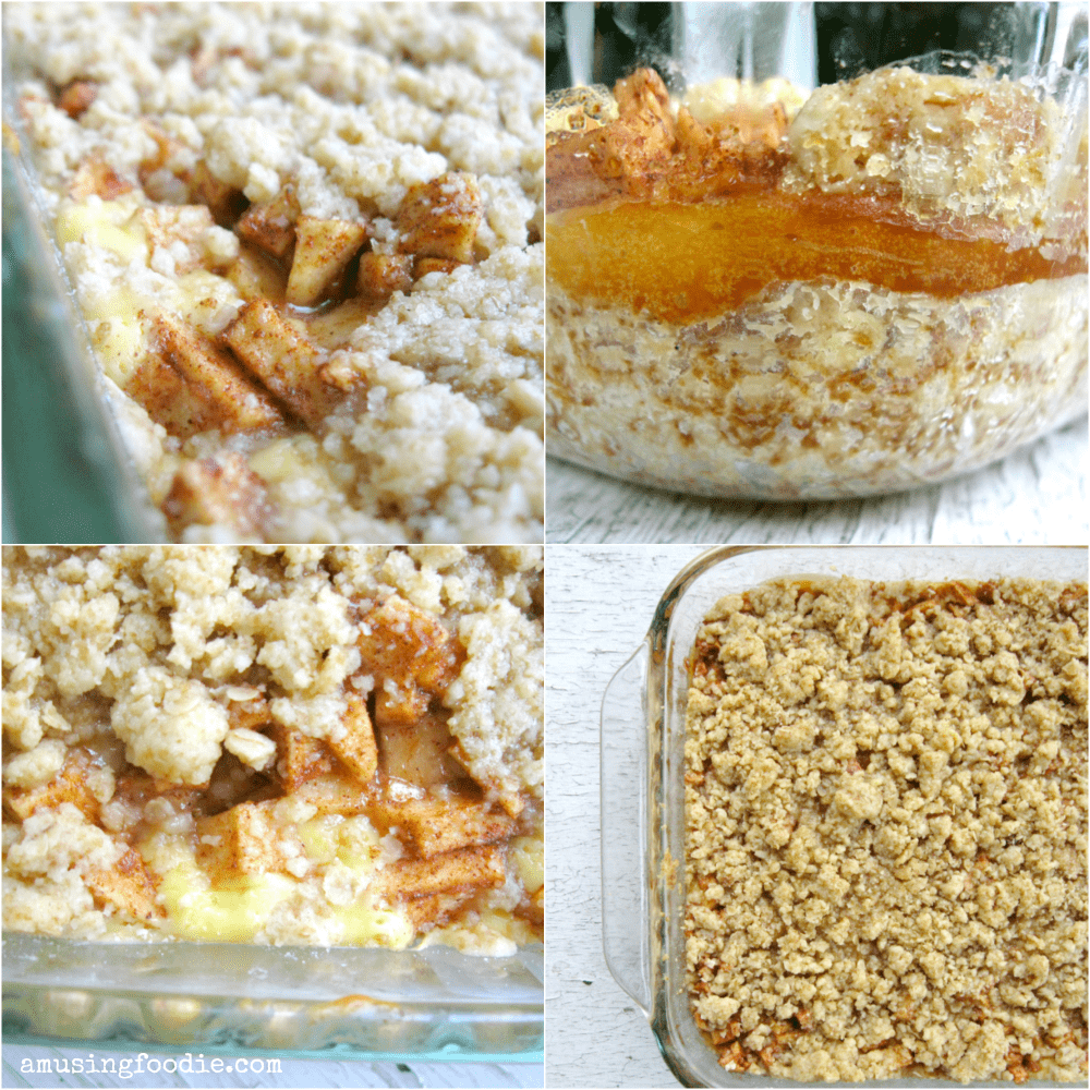 Warm apple crisp with golden topping and sweet cinnamon apples, perfect for sharing or indulging.