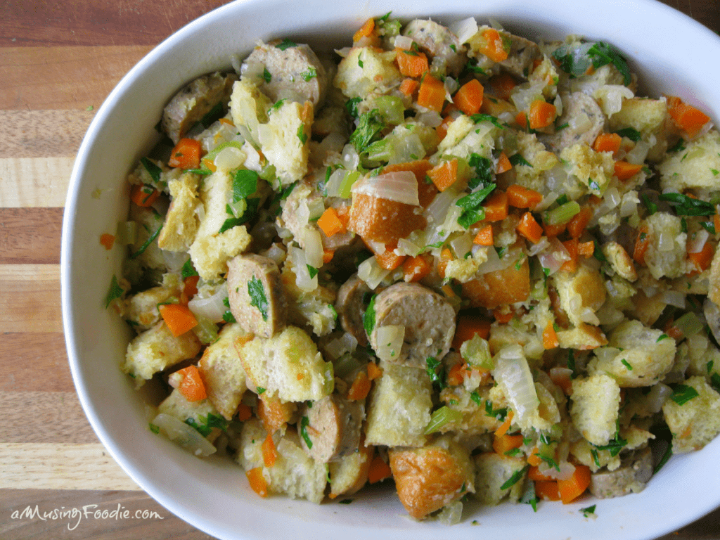 Hearty vegetarian stuffing with sausage, fresh vegetables, and herbs in a comforting dish.