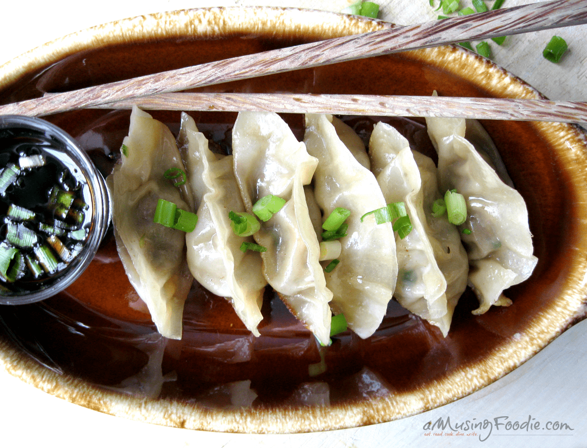 Savory homemade beef dumplings served with a rich dipping sauce and fresh green onions.