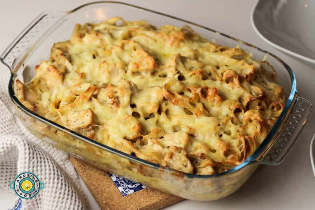 Creamy chicken pasta bake close up