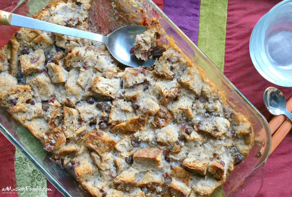 Irresistible holiday bread pudding with chocolate chips, perfect for festive gatherings.