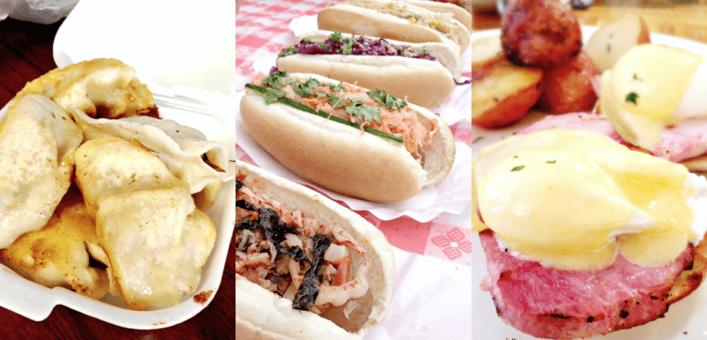 Vibrant food display: dumplings, gourmet hot dogs, and elegant eggs Benedict for diverse tastes.