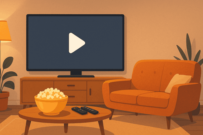 Cozy living room with curved sofa, wooden coffee table, and TV—perfect for a binge-watch marathon