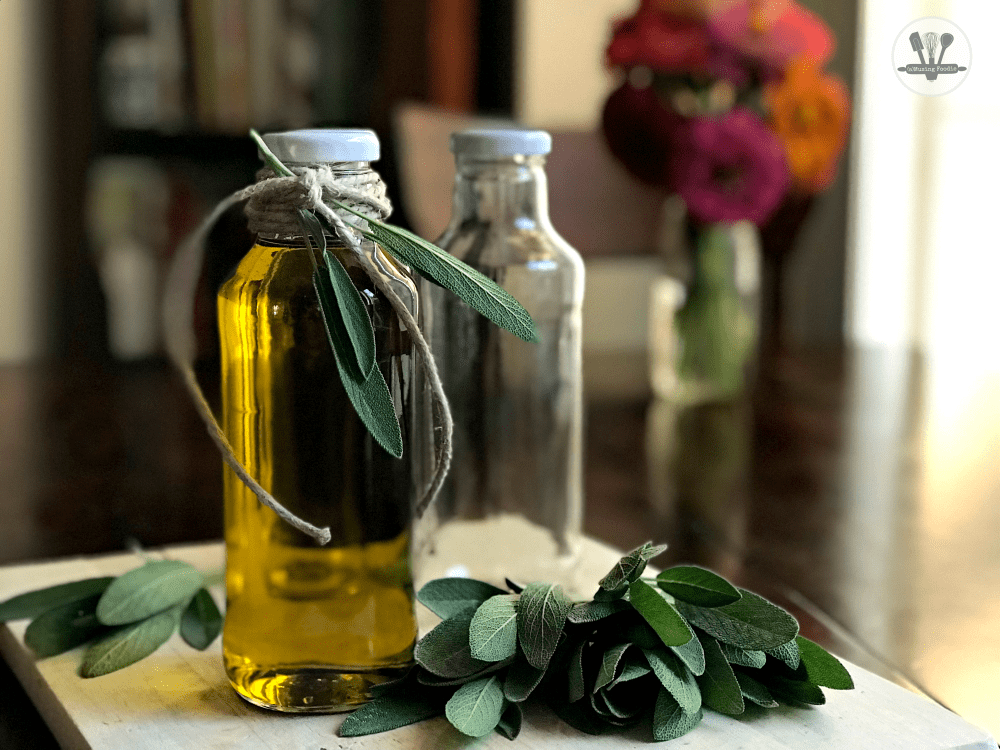 These bottles are perfect for storing sage infused olive oil to flavor sauces, roast chicken and turkey, or just to use for dipping your favorite crusty bread!