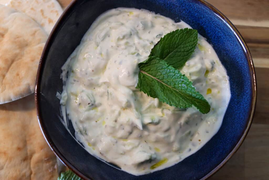 Homemade Tzatziki in blue bowl
