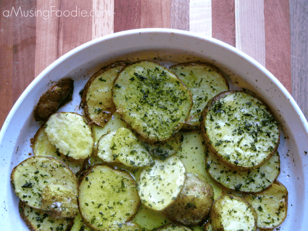 Crispy Sliced Roasted Potatoes on a plate