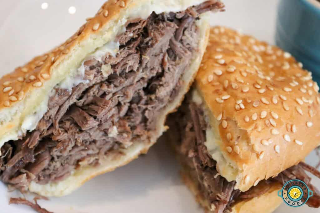 close-up of shredded beef sandwich