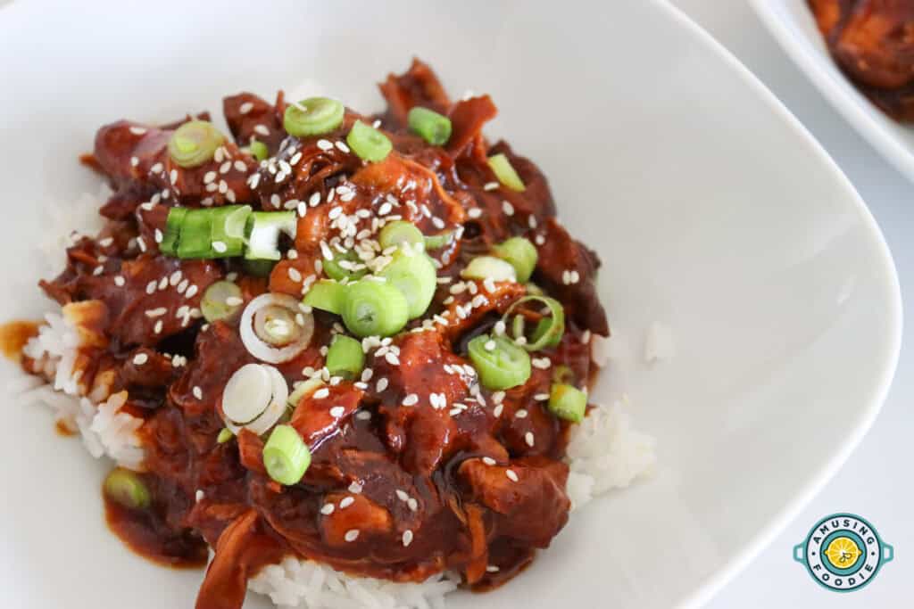 Two Rice on a plate topped with honey garlic thighs close up