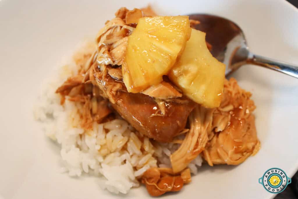Pineapple chicken served on white rice