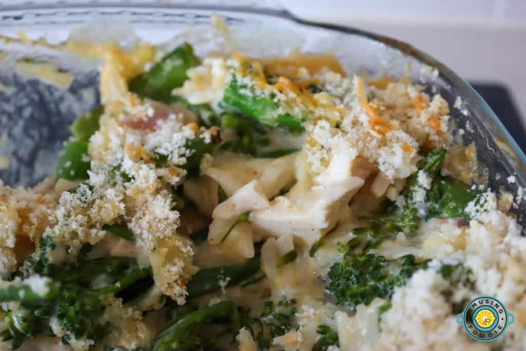 Chicken and Broccoli cassarole close up topped with cheese