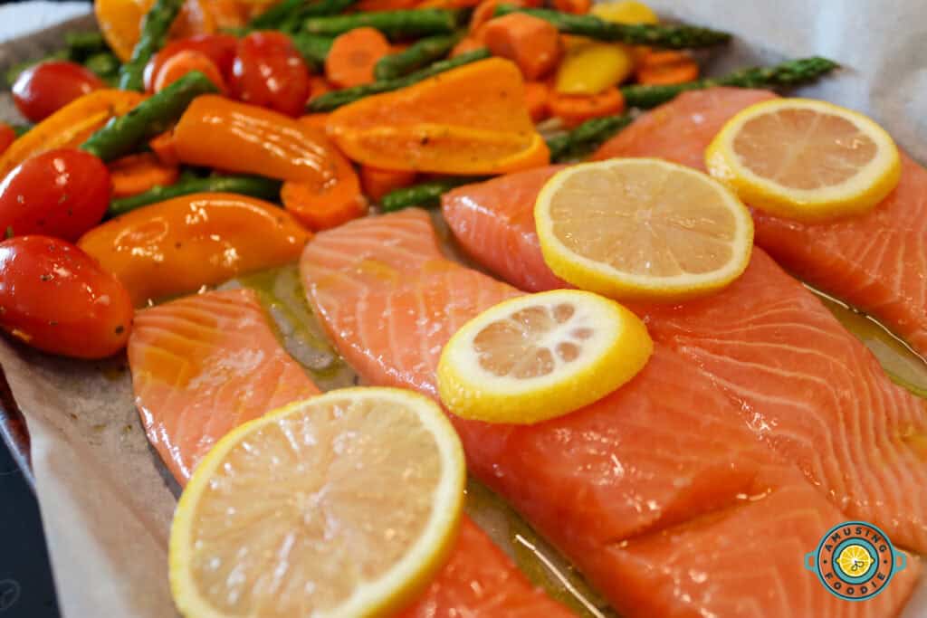 Salmon and Veggies on a sheet pan