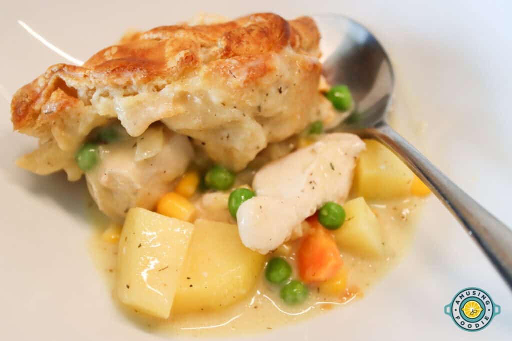 Chicken pie on a plate close up