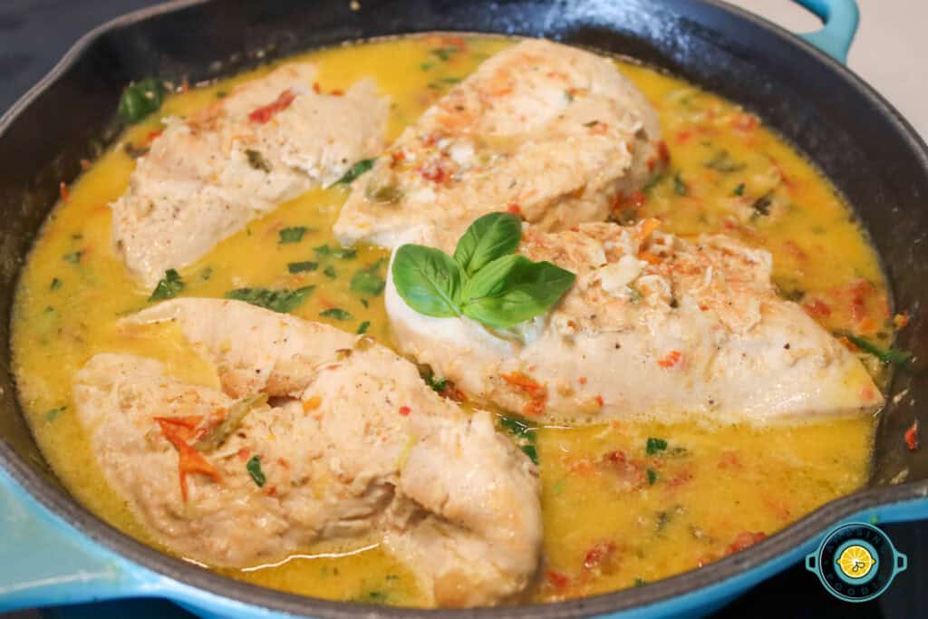 Marry me chicken on pan with basil on top