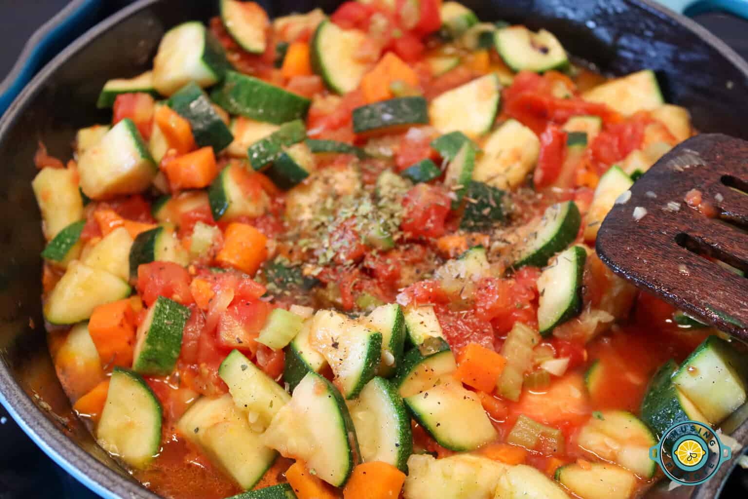 Zuchinni tomato stew close up