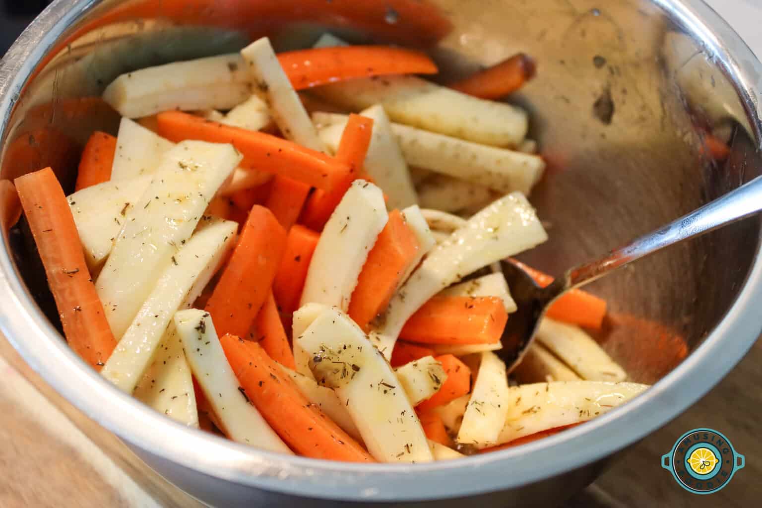 carrots and parsnips mixed with oil