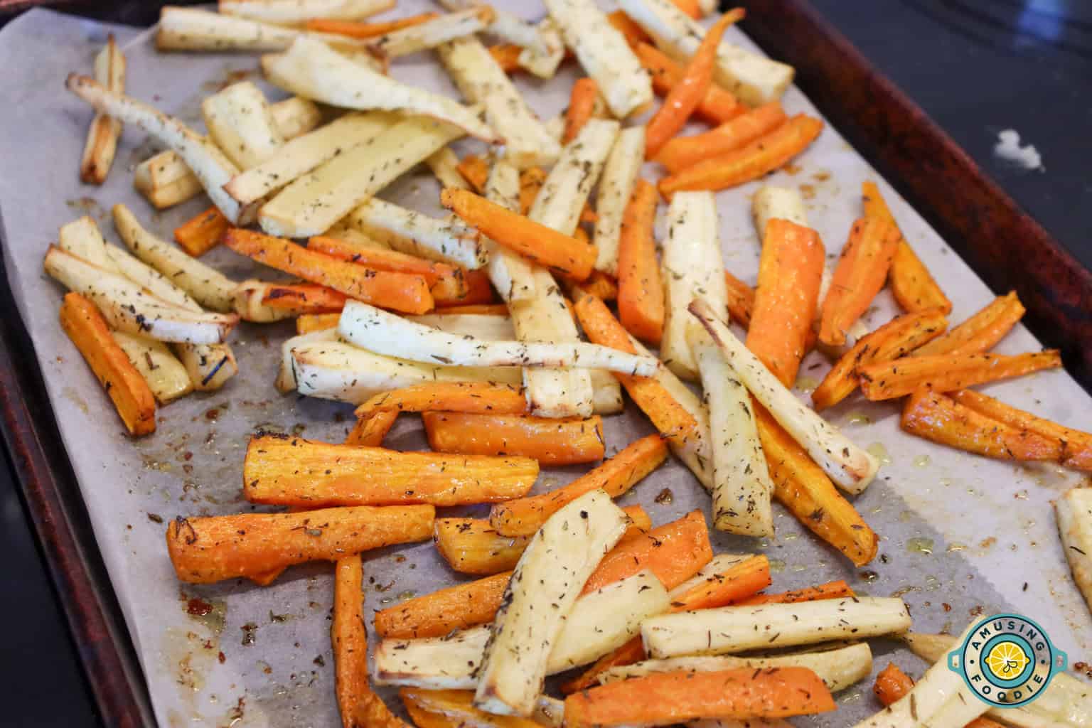 Roasted carrots and parsnips on sheet pan