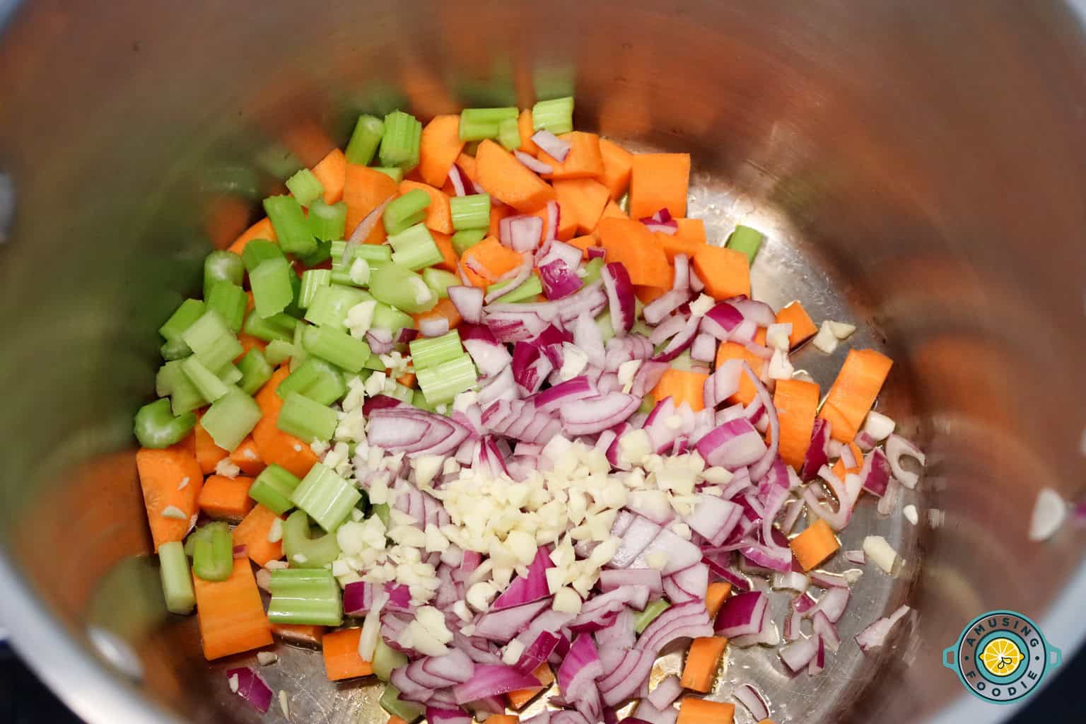 sauteeing celery, carrots, onion and garlic