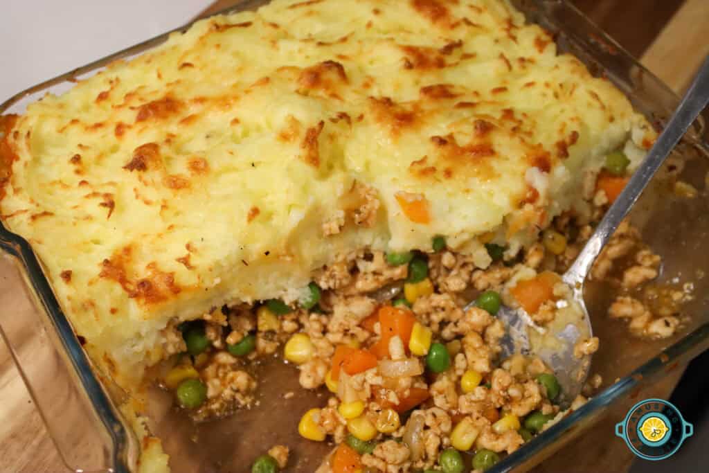 Turkey Shepherd's Pie on glass tray