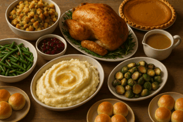 Table scape with turkey and sides for thanksgiving